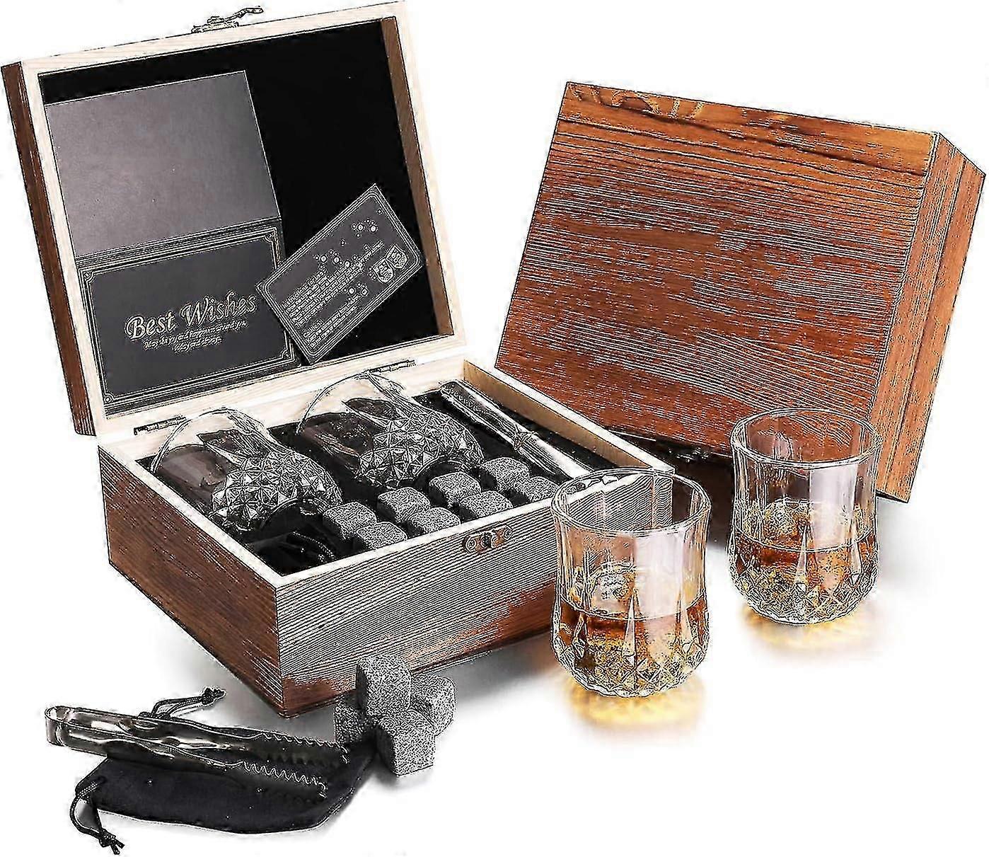 Whiskey Glasses Set In Fine Wood Gift Box - Includes 2 Glasses And 8 Granite Stones