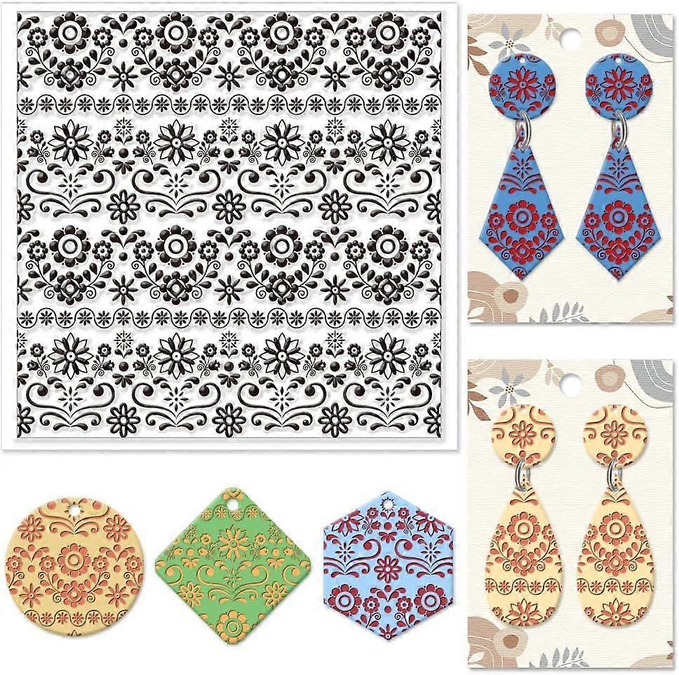 Flowers Polymer Clay Texture Sheets Folk Artistic Pattern Texture Stamp Sheets Silicone Texture Stamp Clay Texture Mat Texture Sheets for Polymer Clay