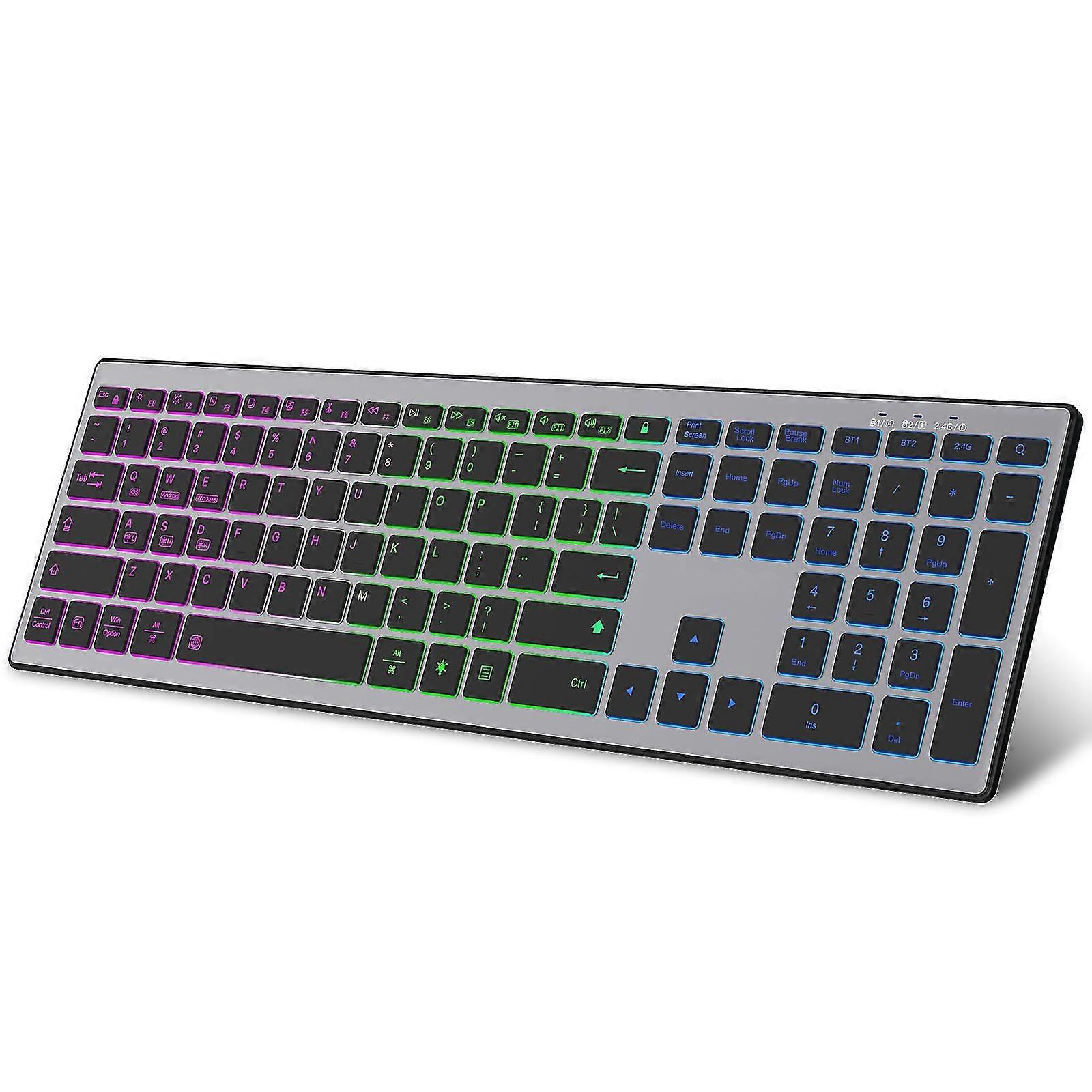 Full Size Wireless Bluetooth Keyboard Rechargeable,Multi-Device,Silent Click,RGB Backlight
