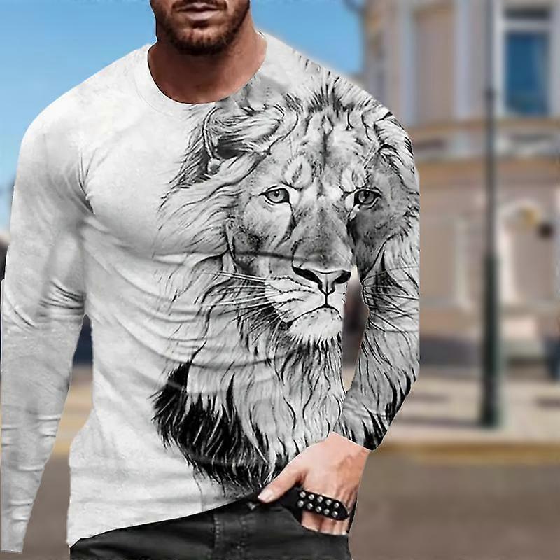 Skizze Löwe Print Herren T-Shirts Langarm T-Shirts Rundhalsausschnitt Casual Pullover Herrenbekleidung Plus Size