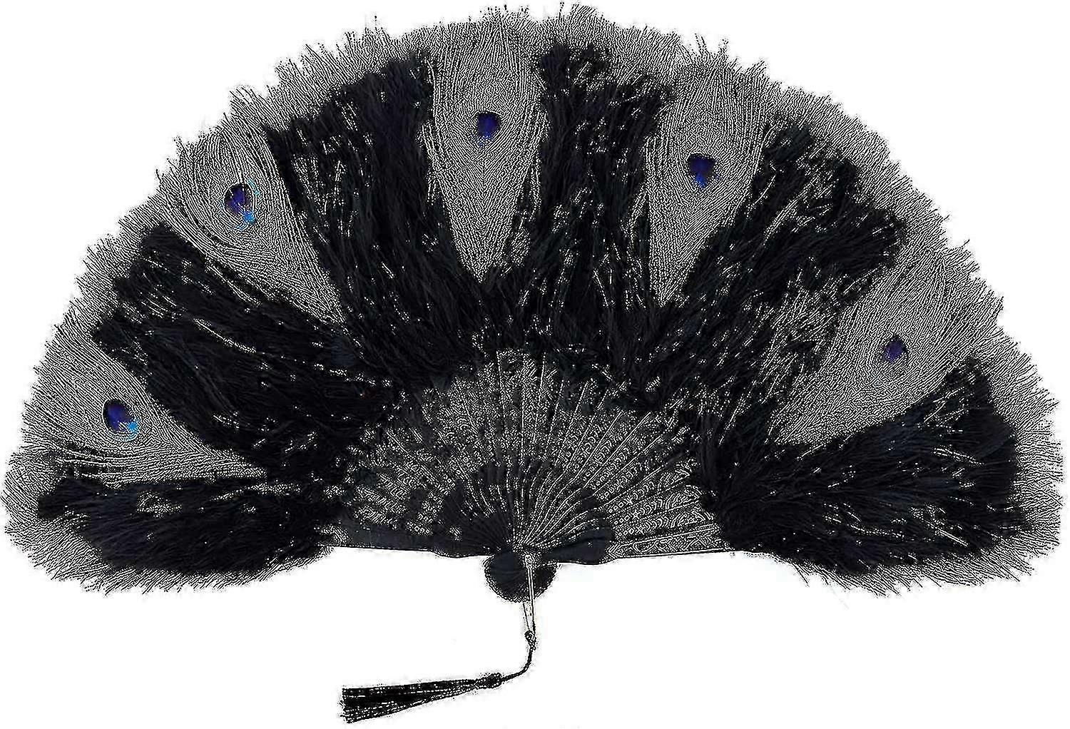 Vintage Style Faltbarer Handheld Feder Handheld Fächer (Z-schwarz und Pfau-schwarze Rippe) Erwachsene Männer und Wo