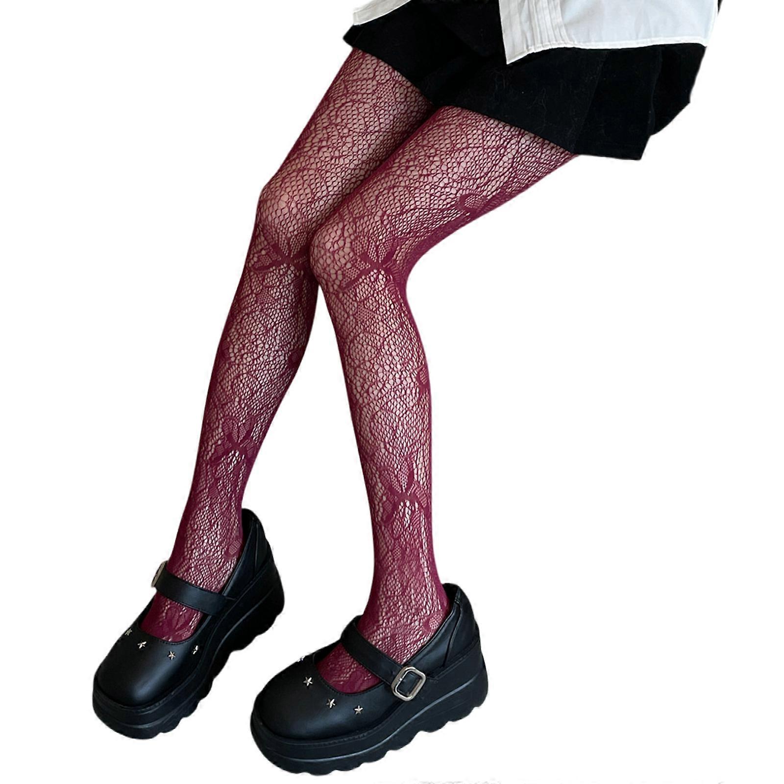 Femei Scobit Plasă Plasă Colorat Chiloți Estetic Fluture Modelat Jacquard Colanți Colanți Ciorapi Visiniu