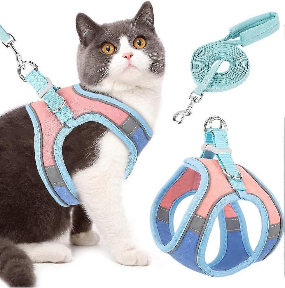Cat Harness and Lead Set for Walking, Adjustable Soft Sturdy Faux Suede Escape Proof Kitten Vest Harness and leash with Reflective Strip for Large Med