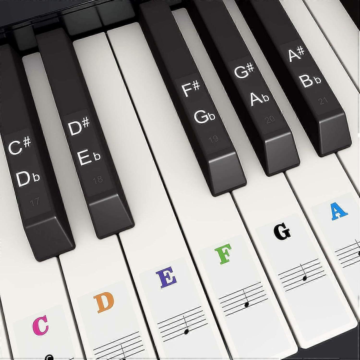 Colored Piano Stickers for 37, 49, 54, 61, 88 Keys, Colorful Piano Stickers Replacement Piano Notes Stickers for Keyboard for Beginner Kid, Transparen