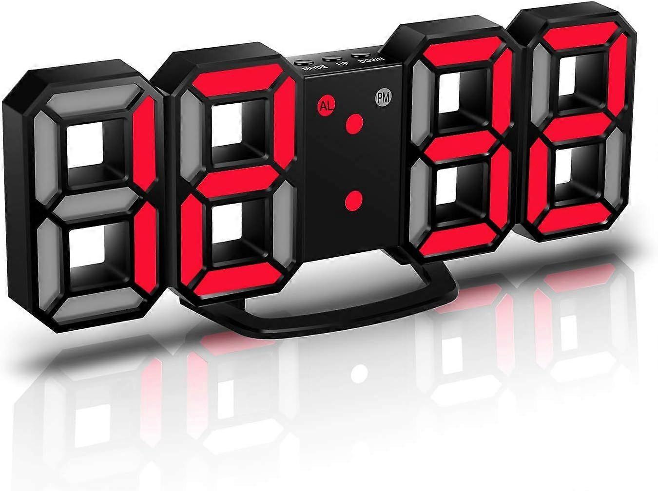 3D LED digital alarm clock, wall clock, digital clock, 3D LED alarm clock with 3 adjustable brightness snooze functions