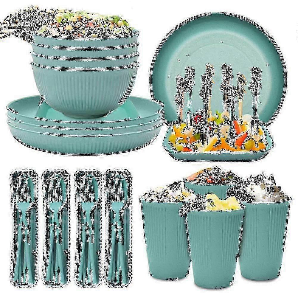 Unbreakable Camping Dinnerware Set - Plastic Plates & Bowls for Picnic - Green
