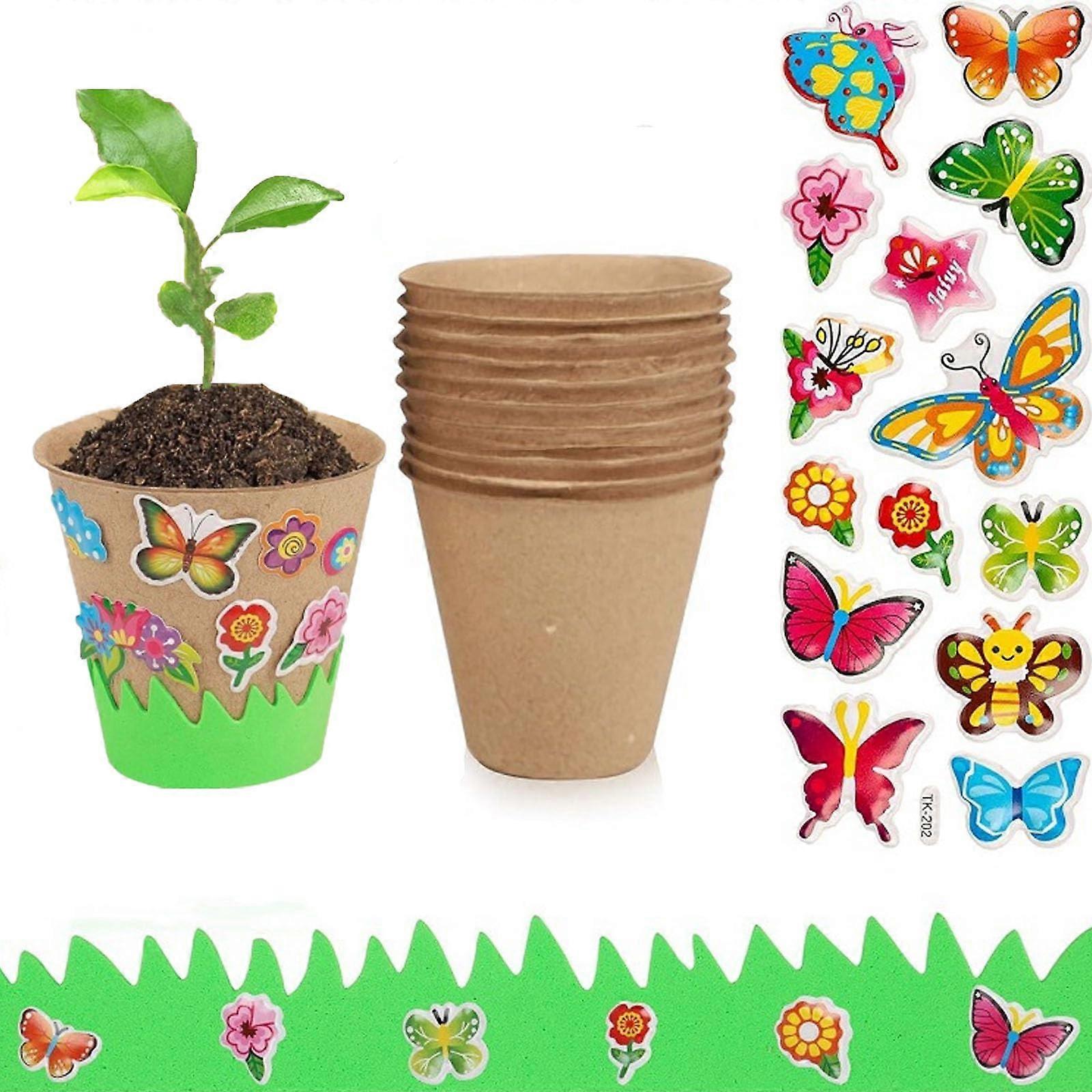 10 Pack 8cm Biodegradable DIY Painting Propagation Pots with Green Fence and Stickers for Small Flowers