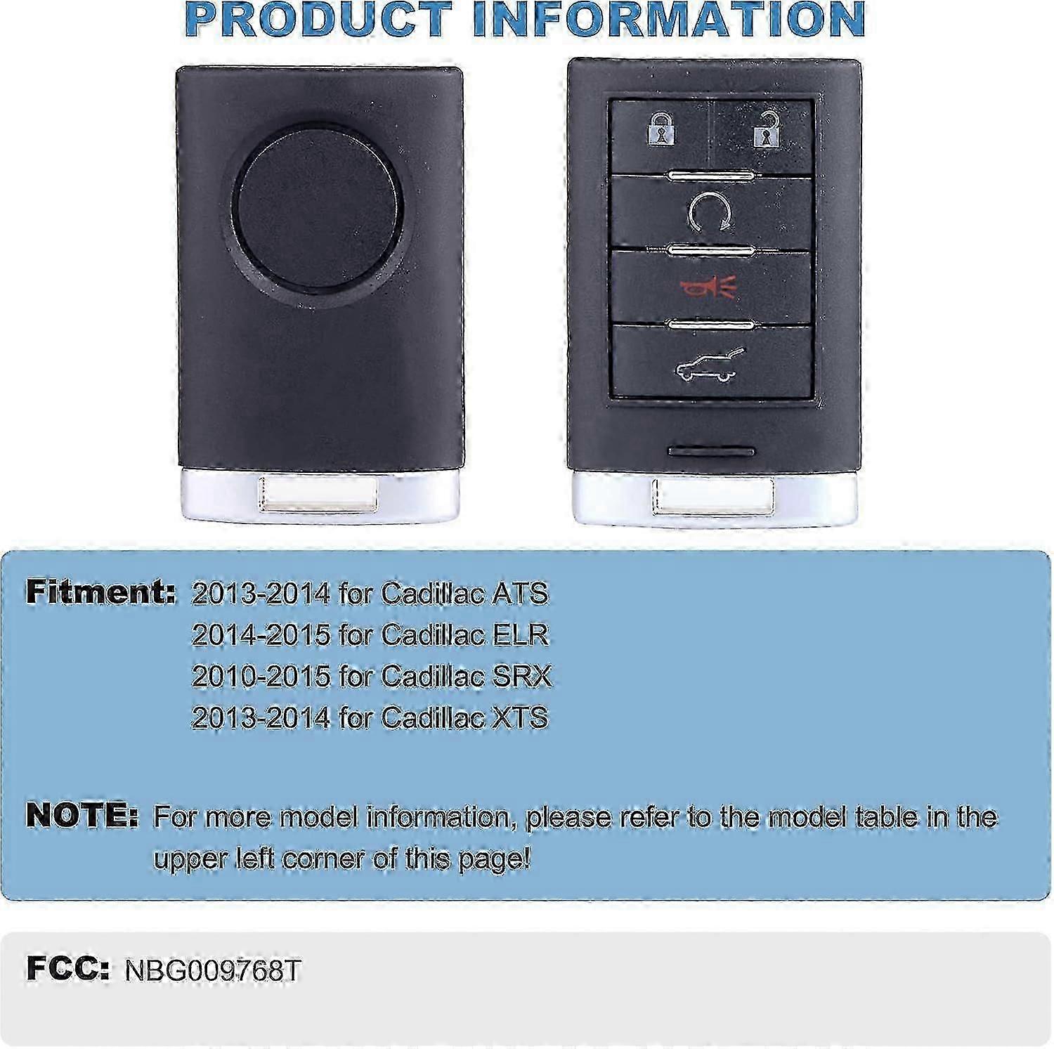 Keyless Entry Remote Key Fob Fit For  Cadillac SRX/ATS/ELR/XTS NBG009768T 315MHz (Pack of 2)