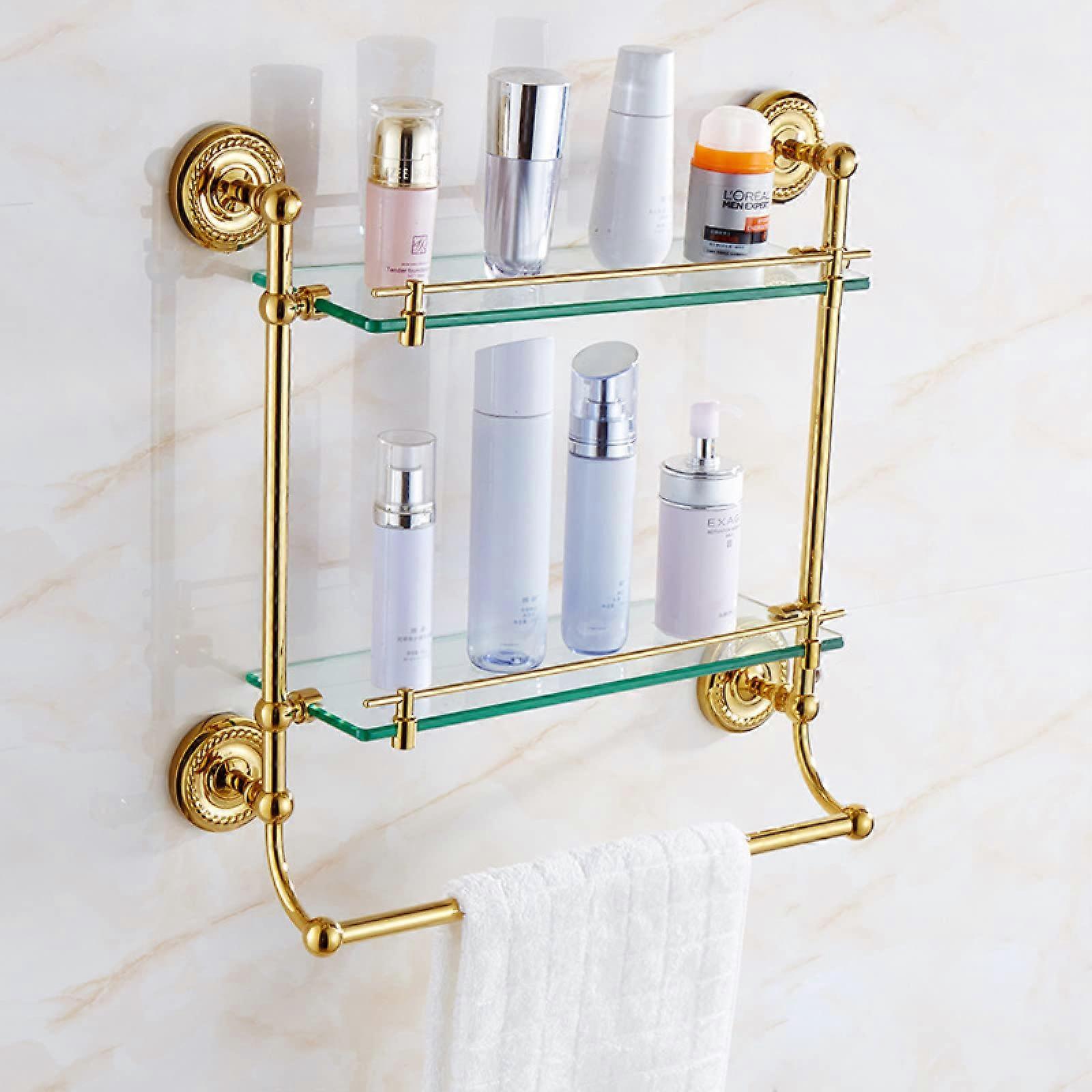 European Style Golden Towel Rail, Full Copper Double Shelf Bathroom Hardware Set for Towels and Toiletries