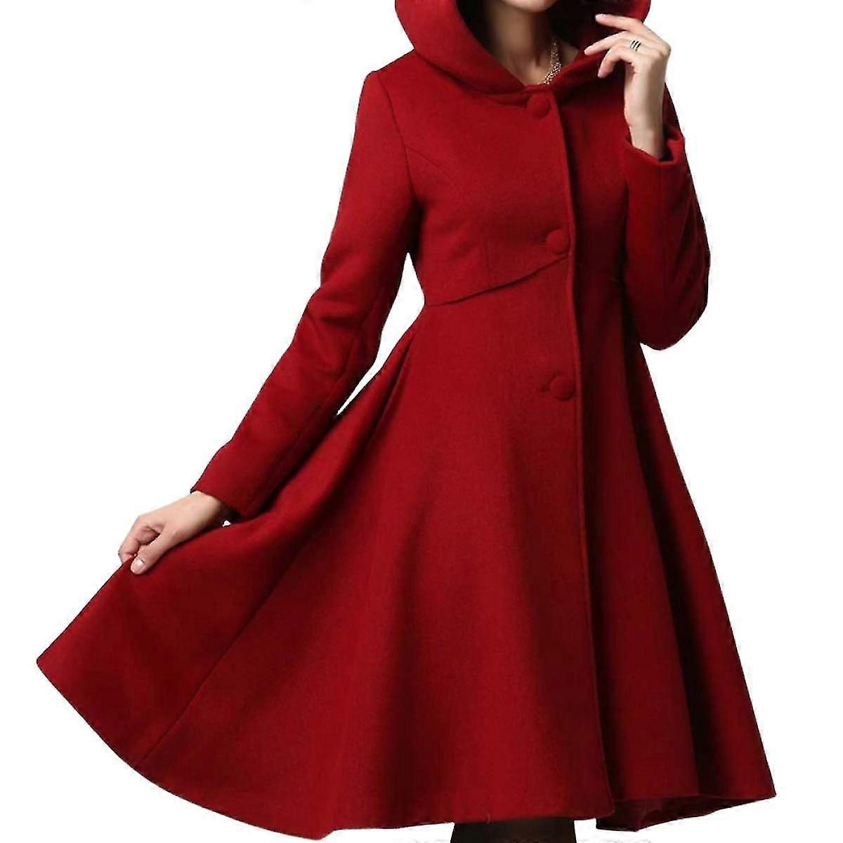 Women's Winter Single Breasted Wool Coat, Red Swing Hooded Coat
