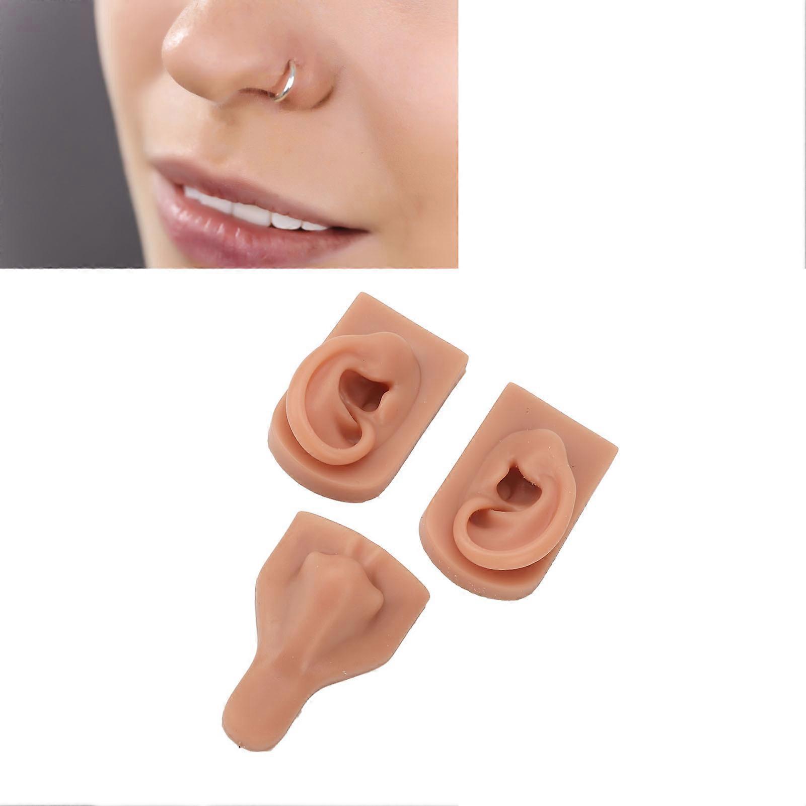 Silicone Nose Ear Model 3D Simulation Nose Ear Model Set for Piercing Practice Teaching Dark Skin Tone 