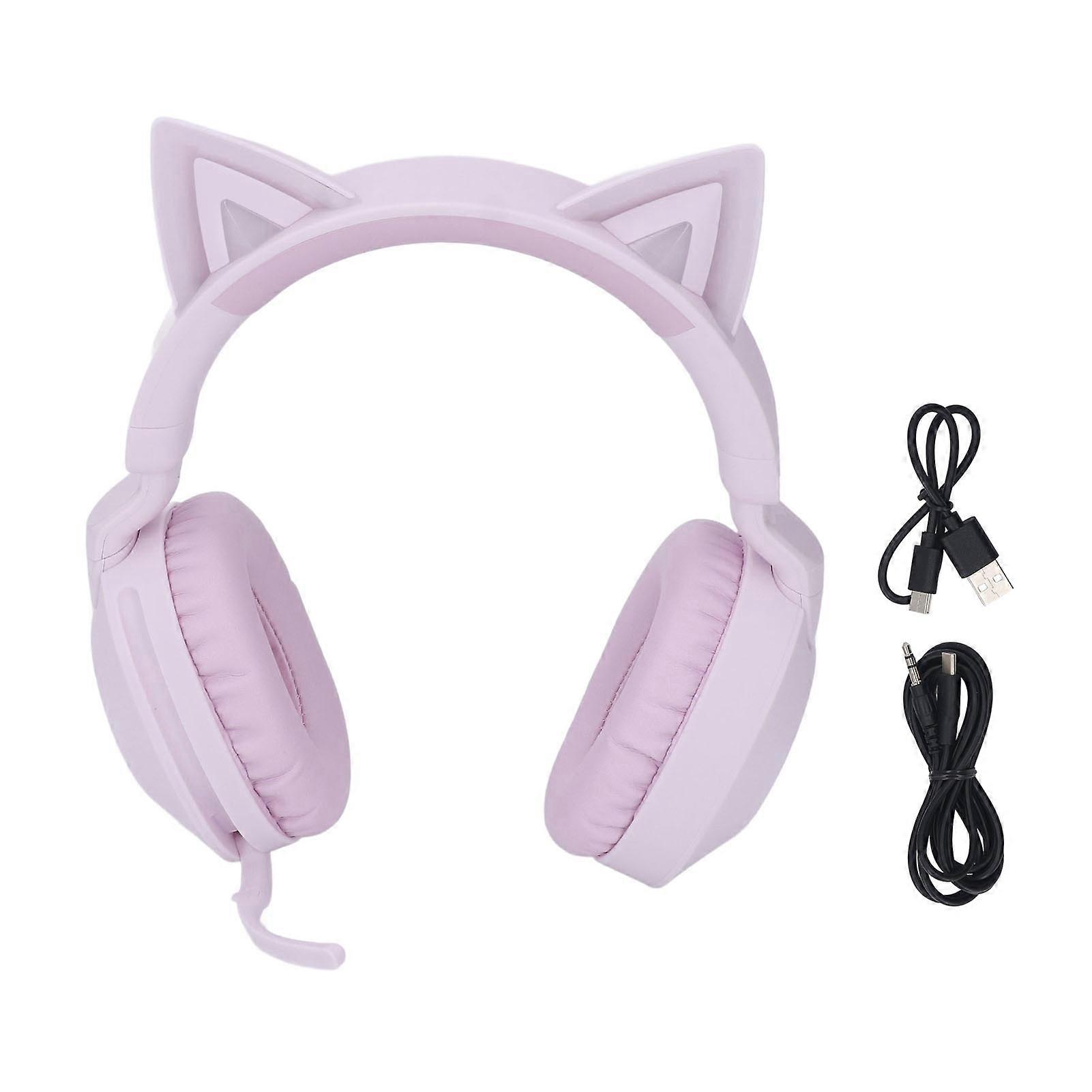 Purple Cat Ear Wireless Headphones: LED Lights, Mic, Bluetooth & Wired, Foldable Design