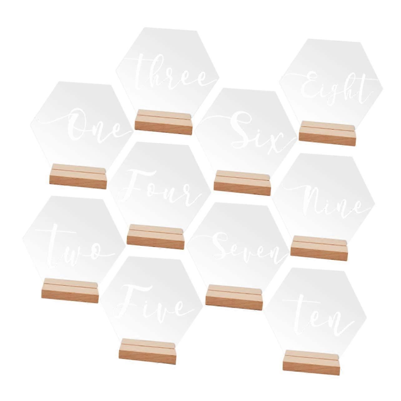 10 sentences Hexagonal Table Number Holders for Wedding Place Cards, Events, Restaurants, Weddings, and Parties, Durable and ScratchResistant.