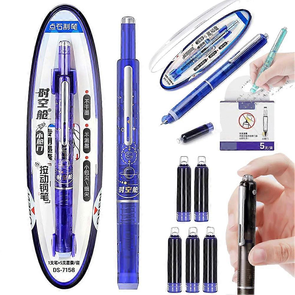 Retractable fountain pen, 0.38 mm, blue and black ink, transparent barrel, includes 5 refills, smooth writing, no leaking (dark blue)