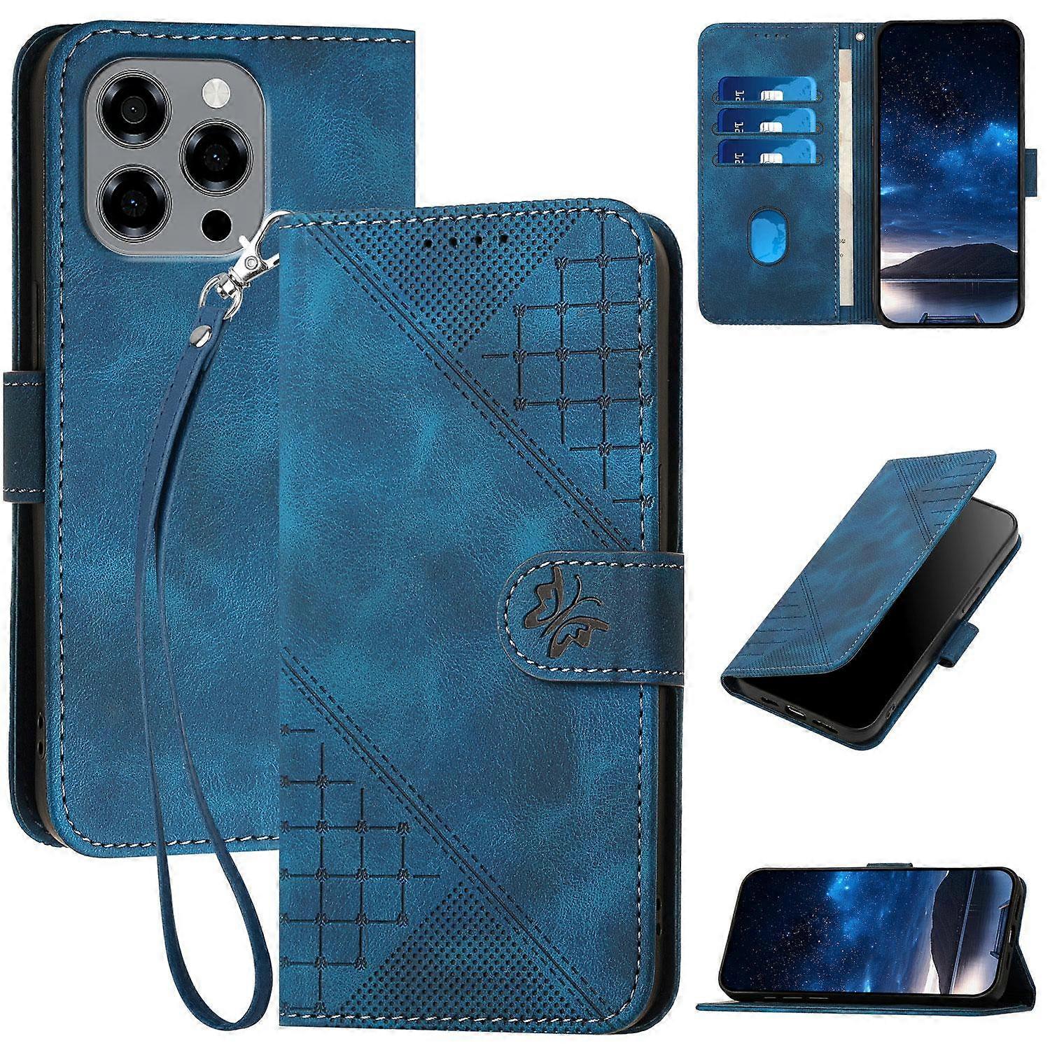 Grid Butterfly Embossed Pattern Leather Phone Case with Lanyard For Doogee Note 58 / Note 58 Pro