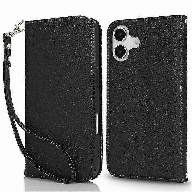 Leather Flip Case with Strap and Wallet Function for 16 Plus, Litchi Texture Cover