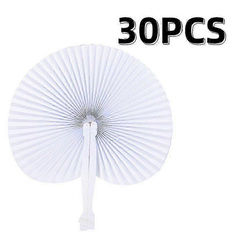 30Pcs White Folding Paper Fan Round Shaped with Plastic Handle for Wedding Party