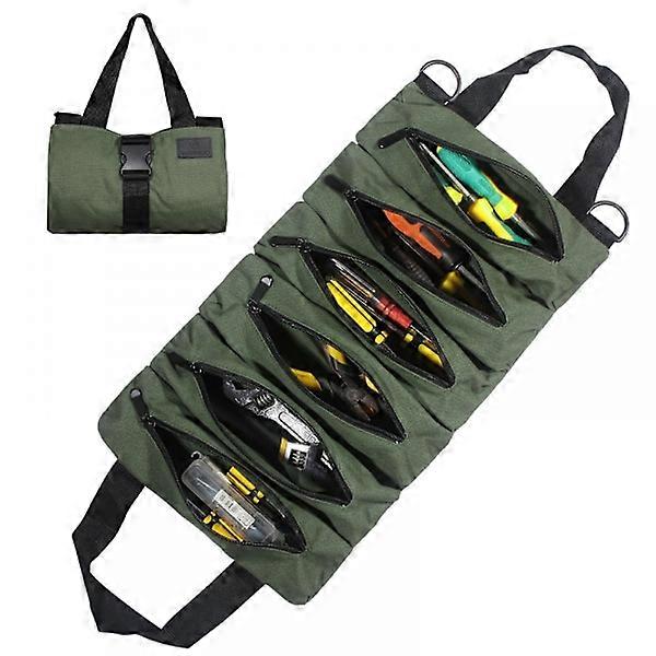 (Green) Canvas Tool Roll Multifunctional Portable Tool Bag