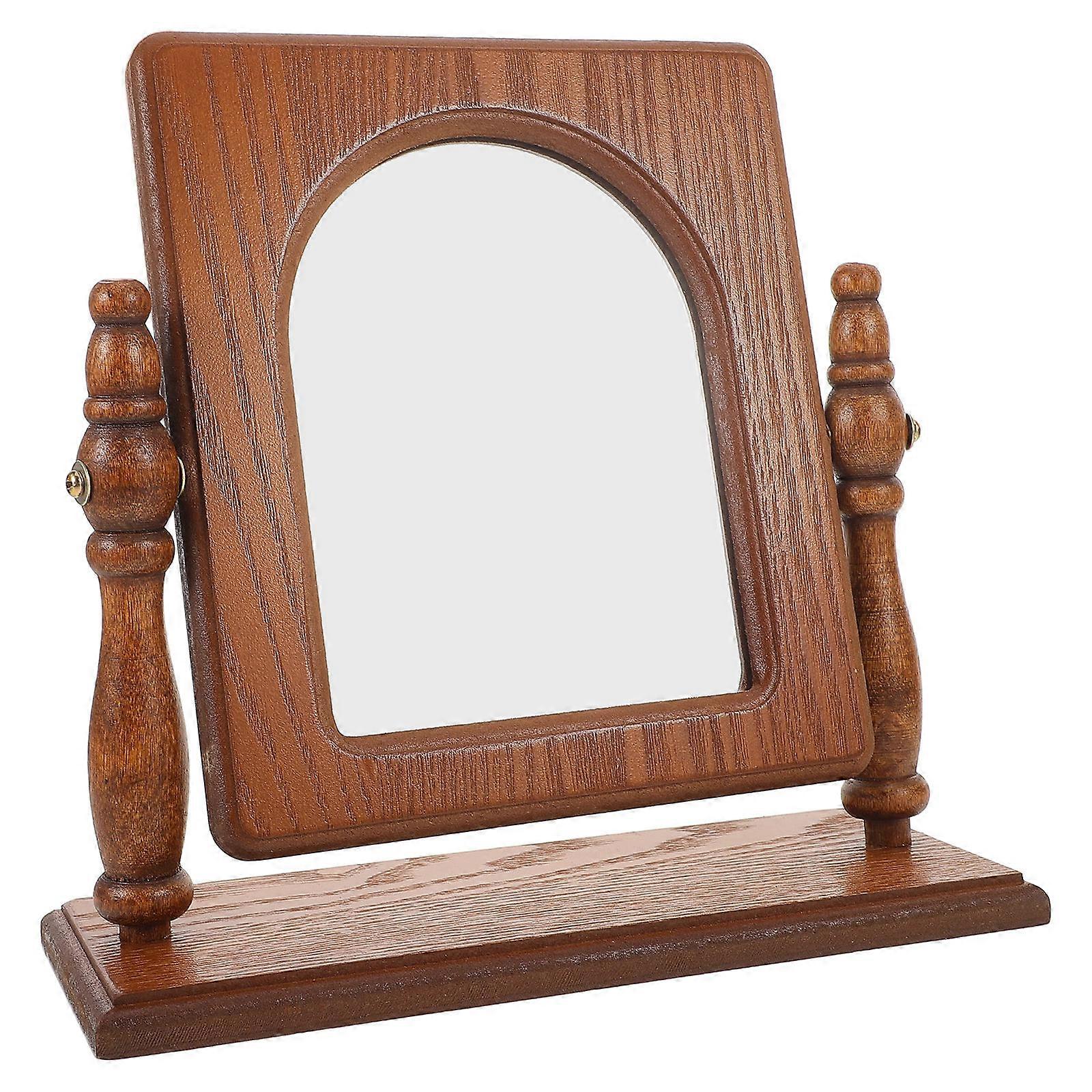 Retro French Wooden Frame Makeup Mirror with Stand, Compact Desktop Vanity for Bedroom Bathroom Decor, Space Saving Tabletop Dressing Mirror