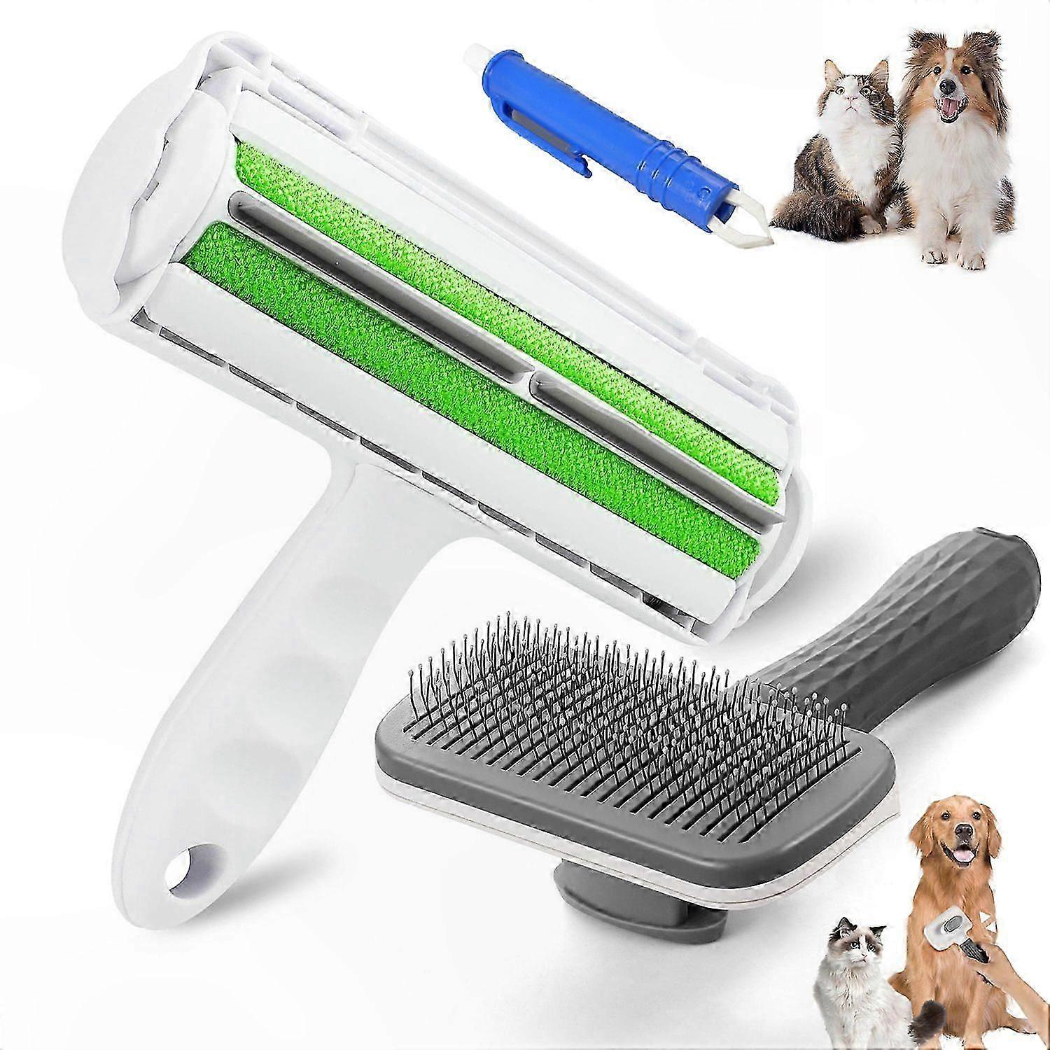 Pet Grooming Kit with 3 Brushes, XL Lint Roller, and Tick Tweezers for Dogs and Cats