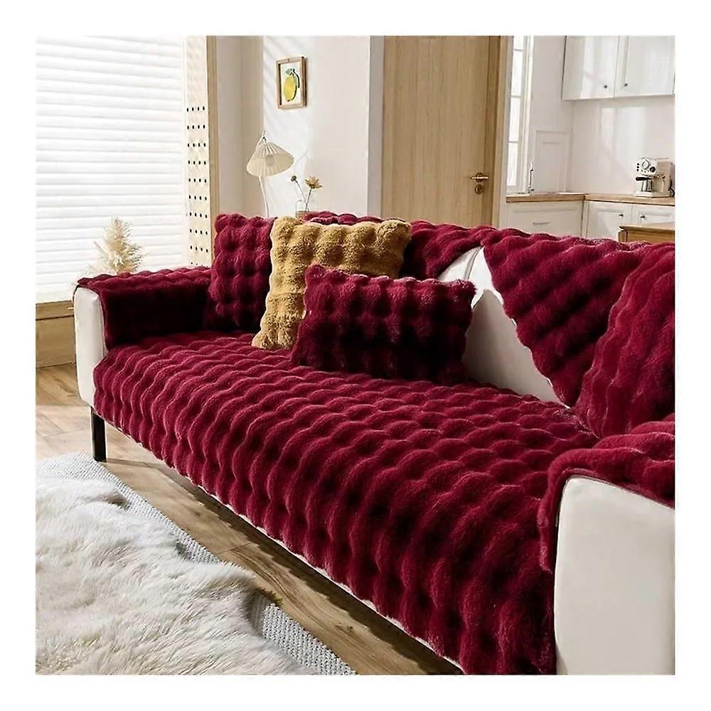Thick Rabbit Plush Chaise Longue Anti Slip Sofa Mat 4seasons Universal (Wine Red)