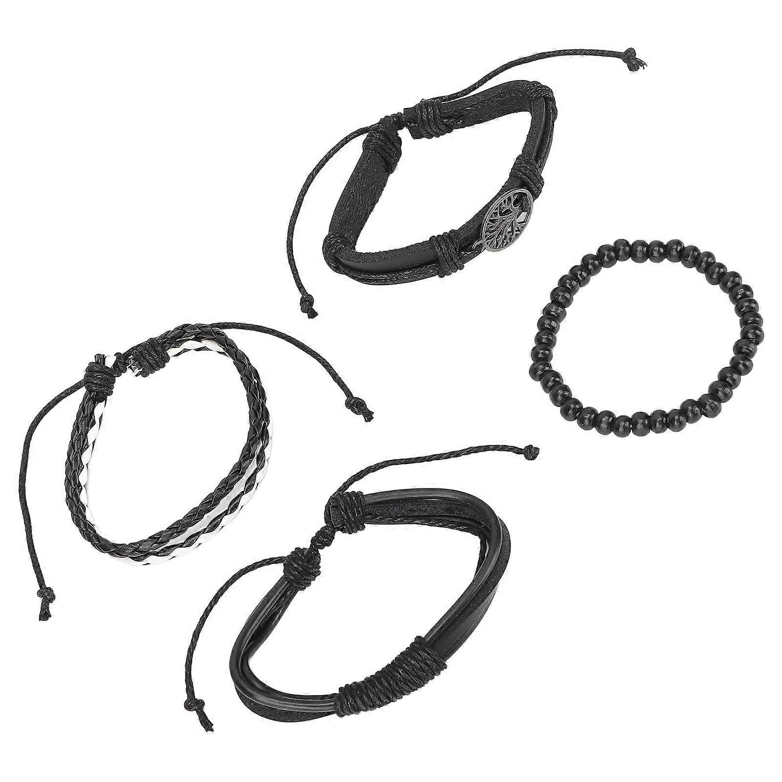 4pcs Adjustable Black Braided Bracelets Men Retro Casual Gift