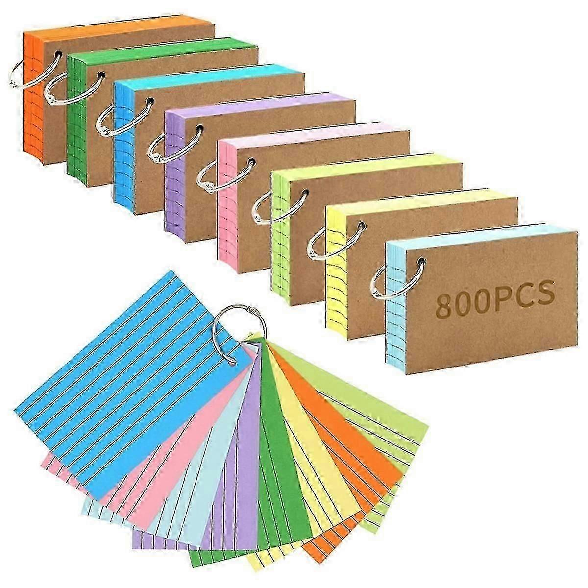 800 PCSインデックスカード3x5インチカラーフラッシュカードリング付き、パンチ裏地付きフラッシュカード罫インデックスC