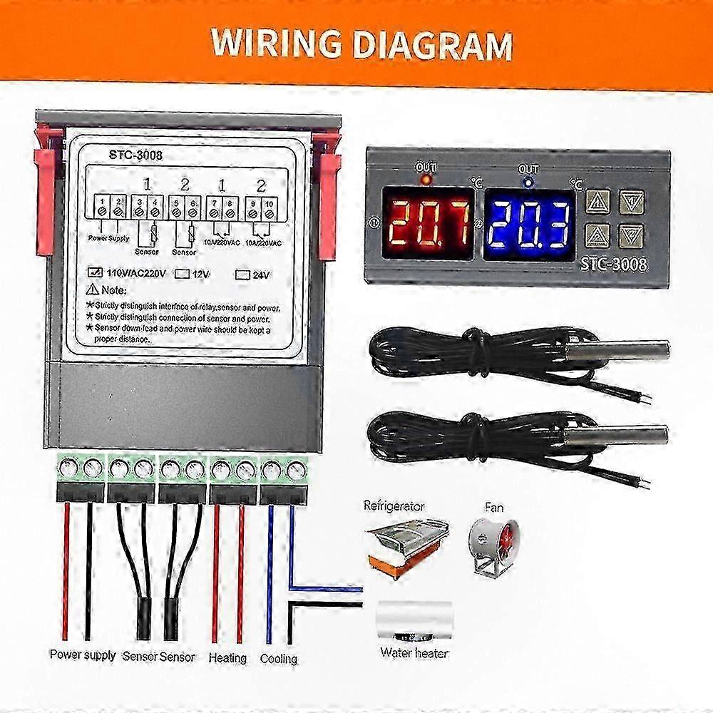 Temperature Control Device with Dual Displays, Two NTC Sensors, and Dual Relay Outputs for Heater Management 110-220V