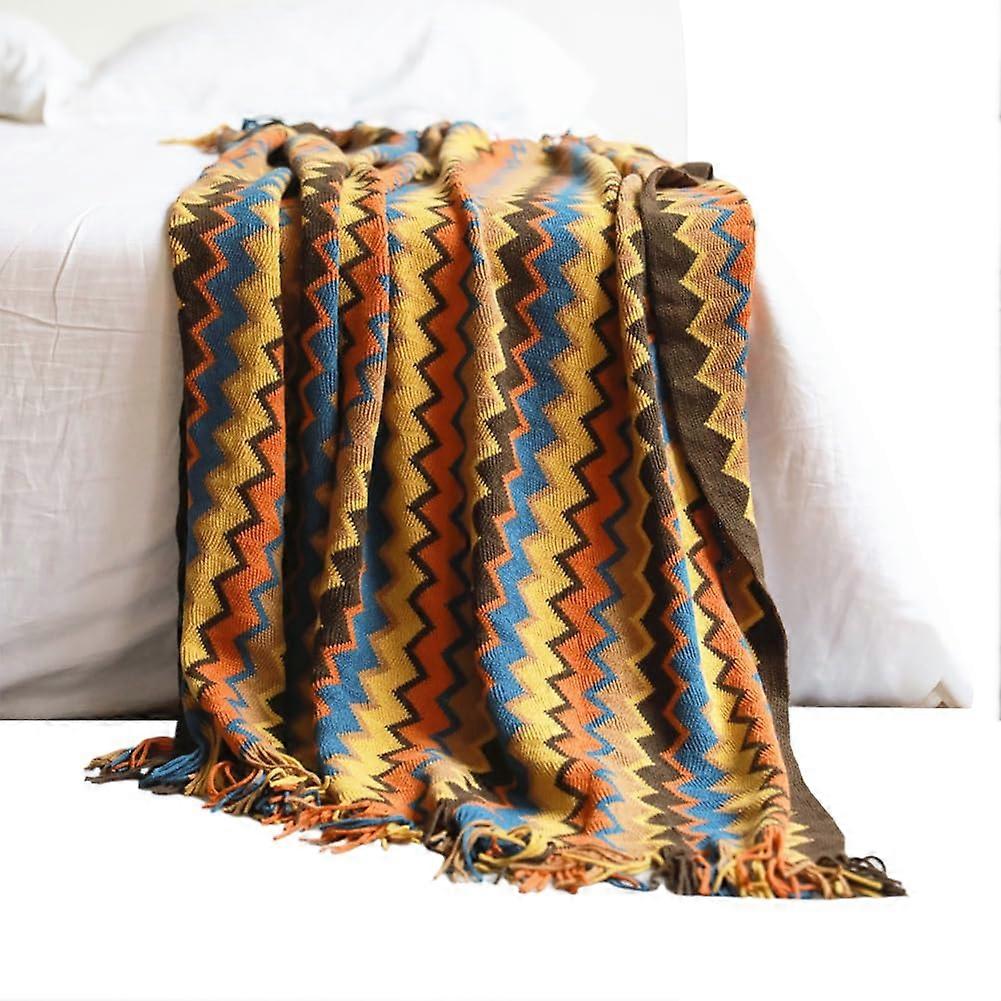Bohemian Sofa Throw Blanket With Tassels Colorful Pattern Knitted Throw Soft Cozy Sofa Cover 180cm x 260cm Coffee