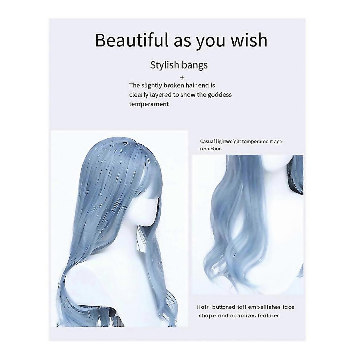 For Synthetic Wigs Wave Mixed Long Wig For Women With Bangs Blue