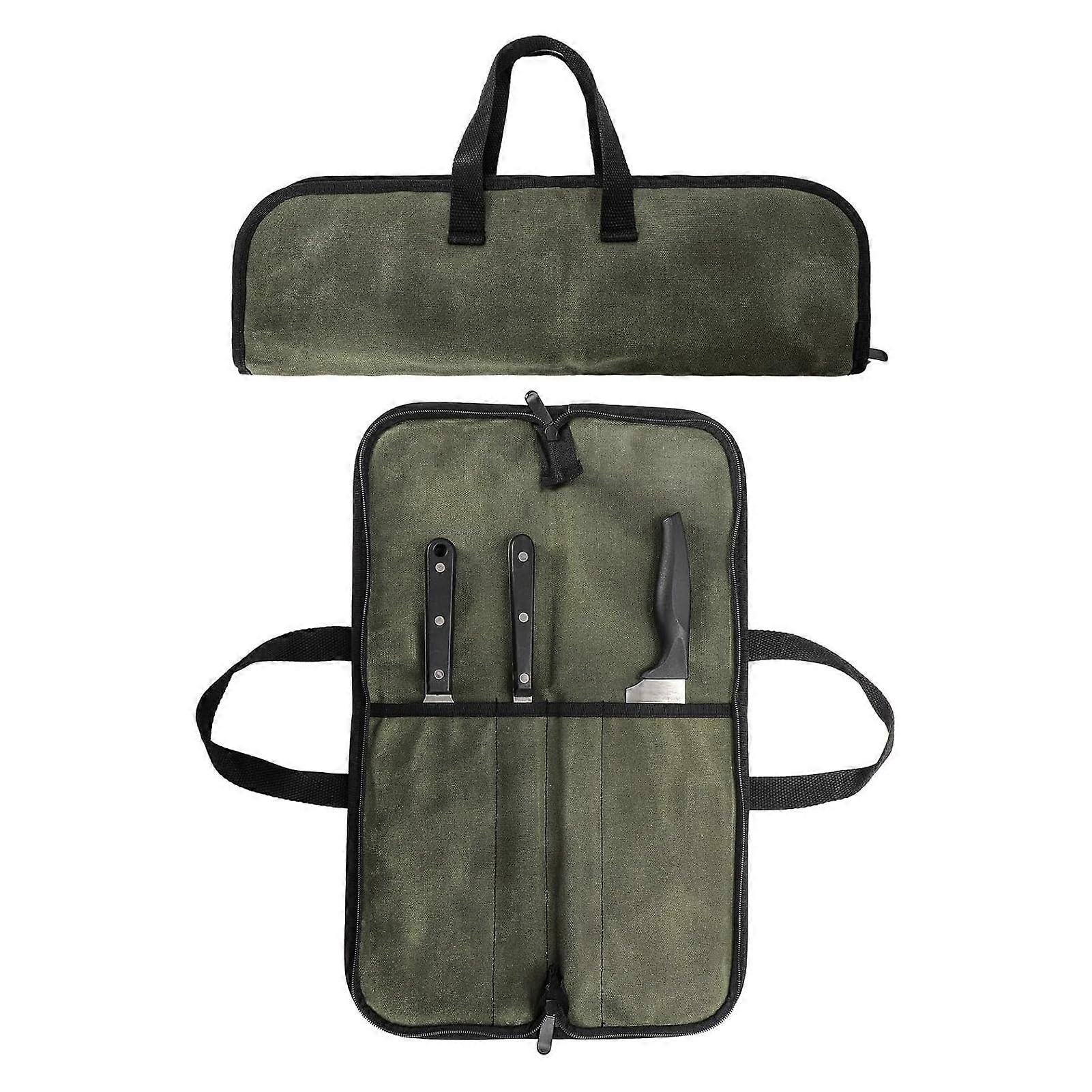 Knife Roll Bag For Chefs Canvas Portable Knife Organizer Roll Bag With Handle For Home Travel Camping Green