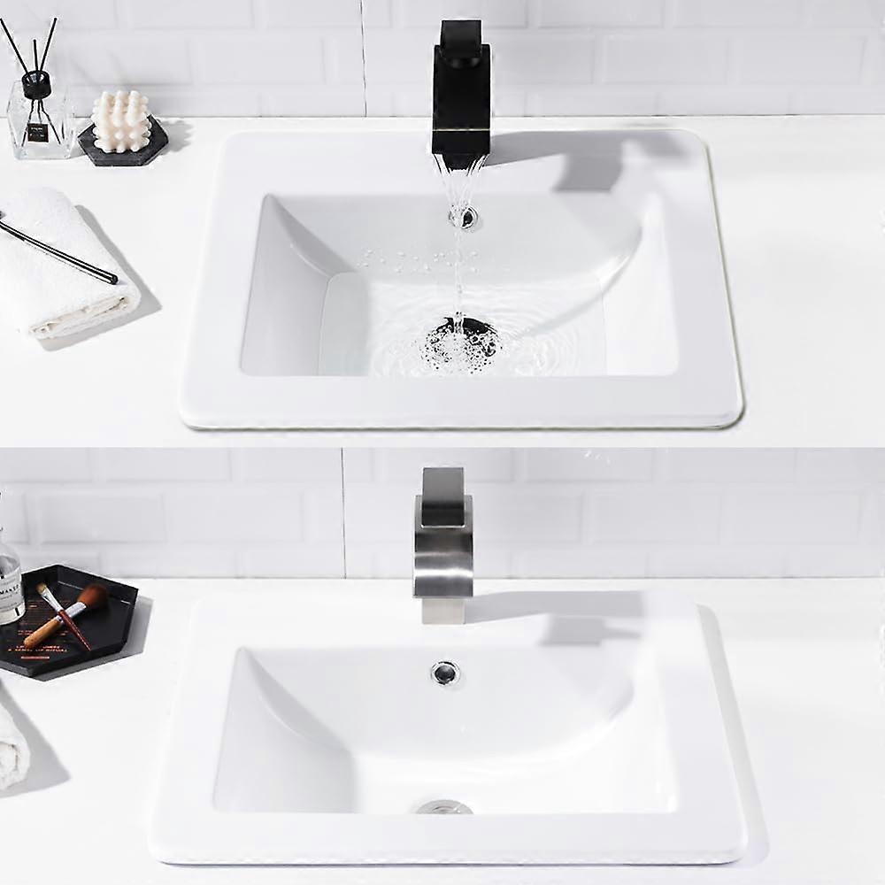Drop in Bathroom Sink 21x18 Inch White Rectangular Modern Ceramic Semi Recessed Vessel Sink With Above Counter Overflow