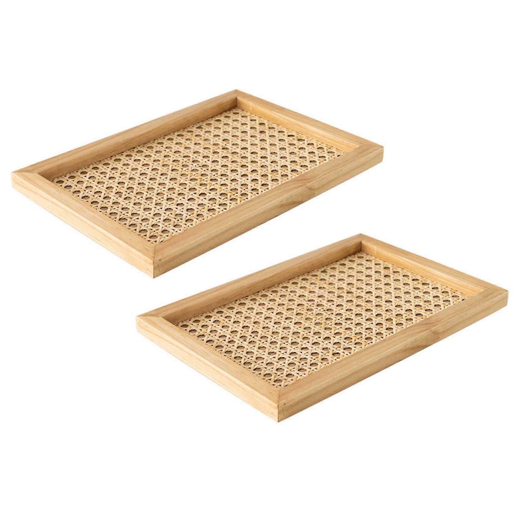 2x北欧籐織りトレイ木製手作りインズ風長方形幾何学オーナメントキーストレージトラ