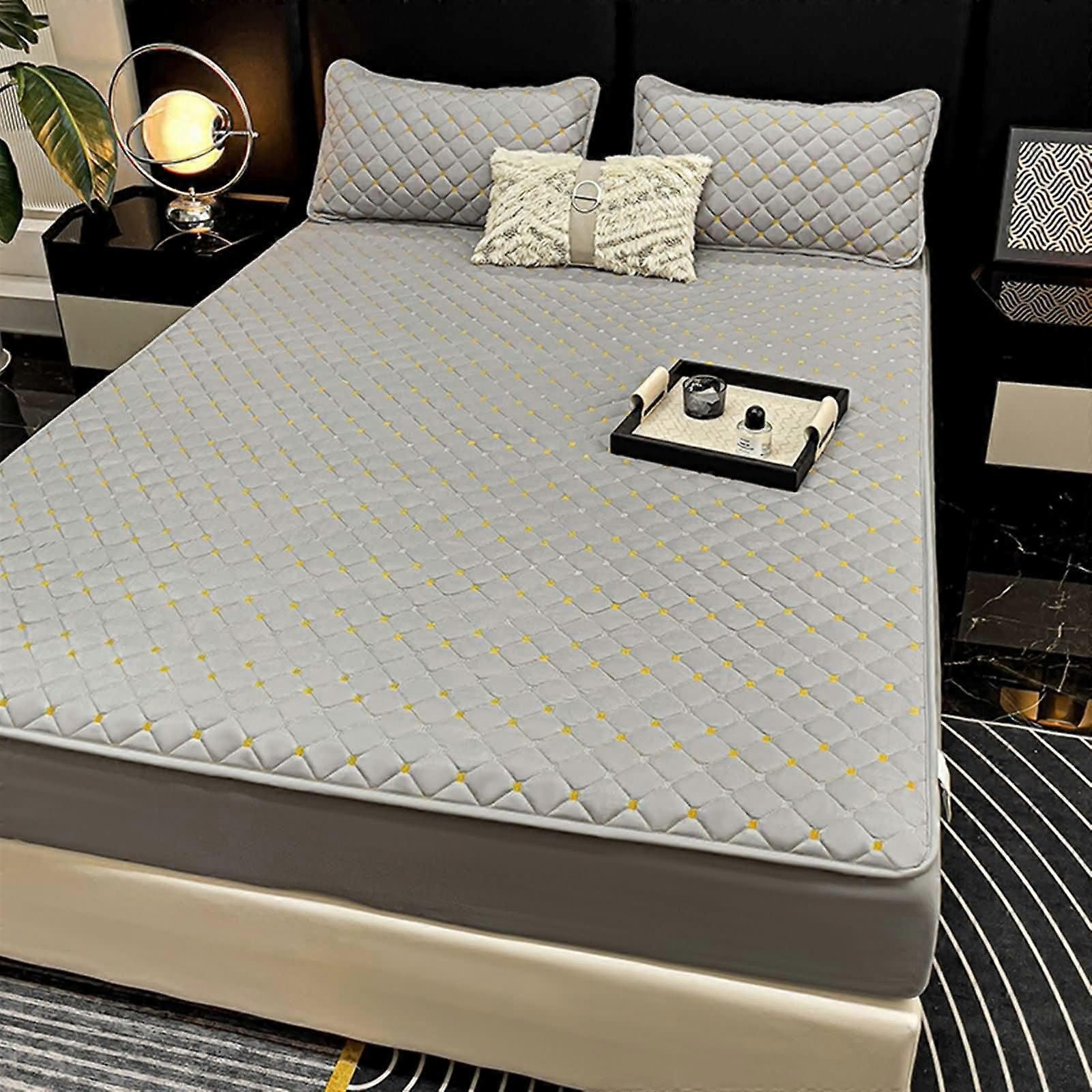 Grey Fitted Sheet, Soft Cotton, Checkered Pattern, Elastic Band, 200 x 220 cm, AllSeason Bedding Set