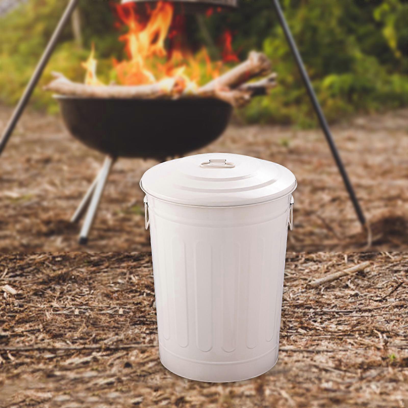 Metal Trash Can Iron Garbage Sturdy Decorative Bucket with Two Handles Round Lid for Yard