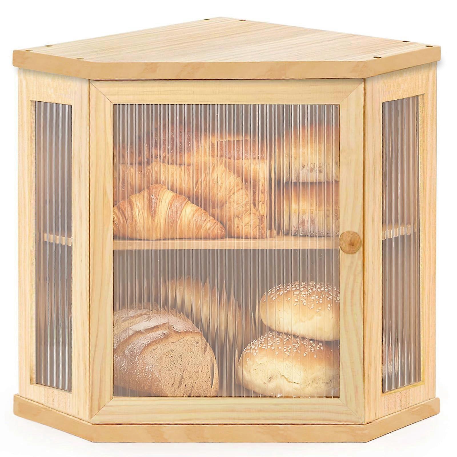 Large Corner Bread Box for Kitchen Countertop TwoTier Adjustable Wooden Bread Storage Bin