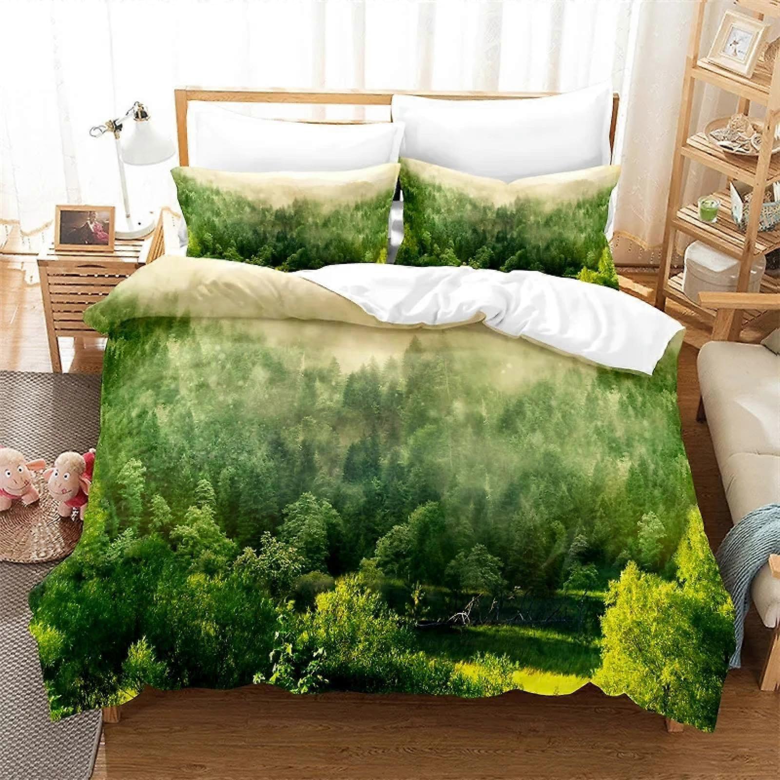 Queen Duvet Cover Set Soft Microfiber Forest Scenery Bedding with Zipper Closure and Pillow Shams