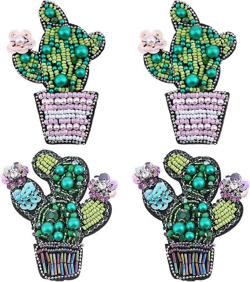 4 Pcs Beaded Sequin Cactus Patches Glittery Desert Plant Applique Fabric Stickers with Sparkling Beads Colorful Decals for Backpacks Jackets Jeans Han