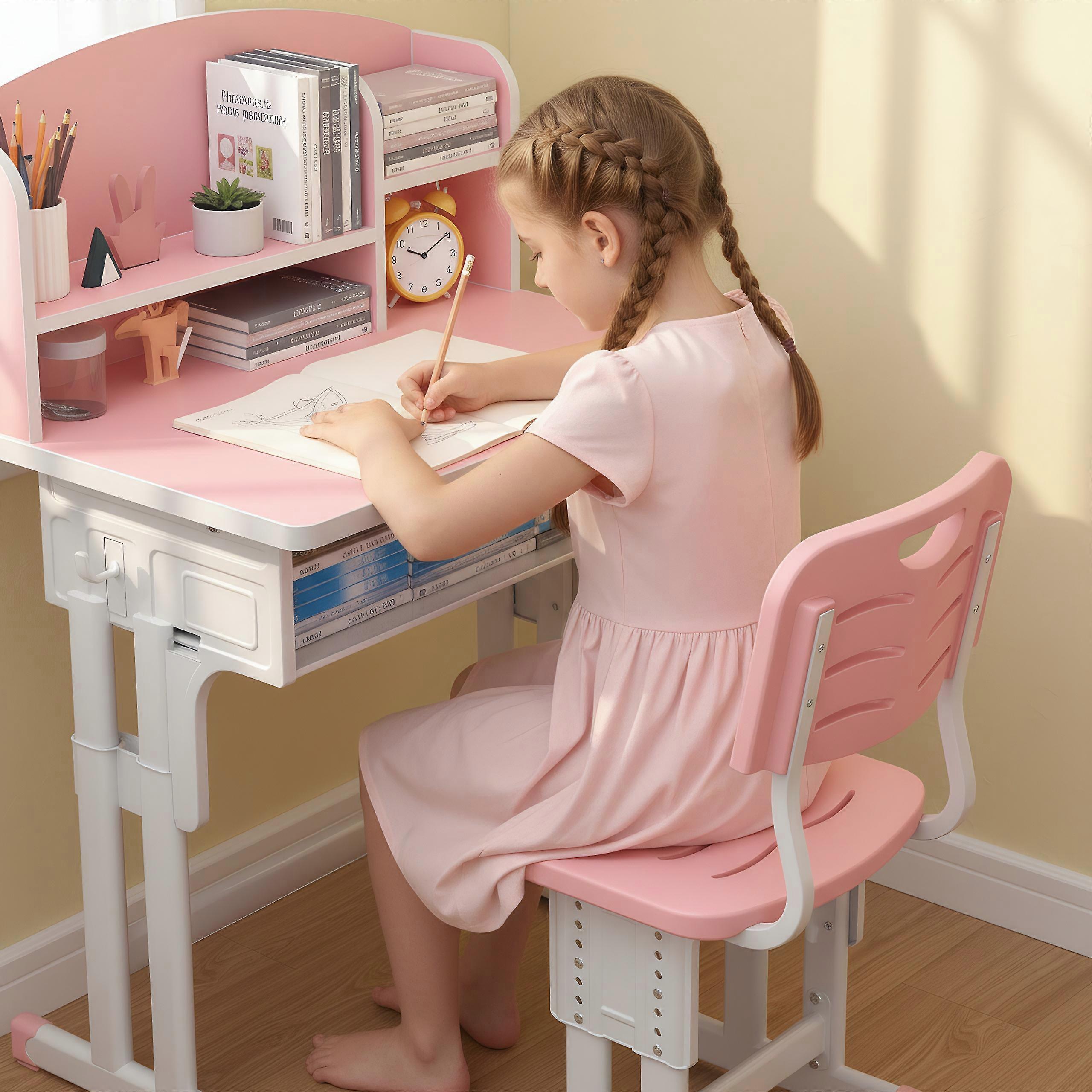Kids Desk Chair Set with Storage - Adjustable Height, Ergonomic, for Homework