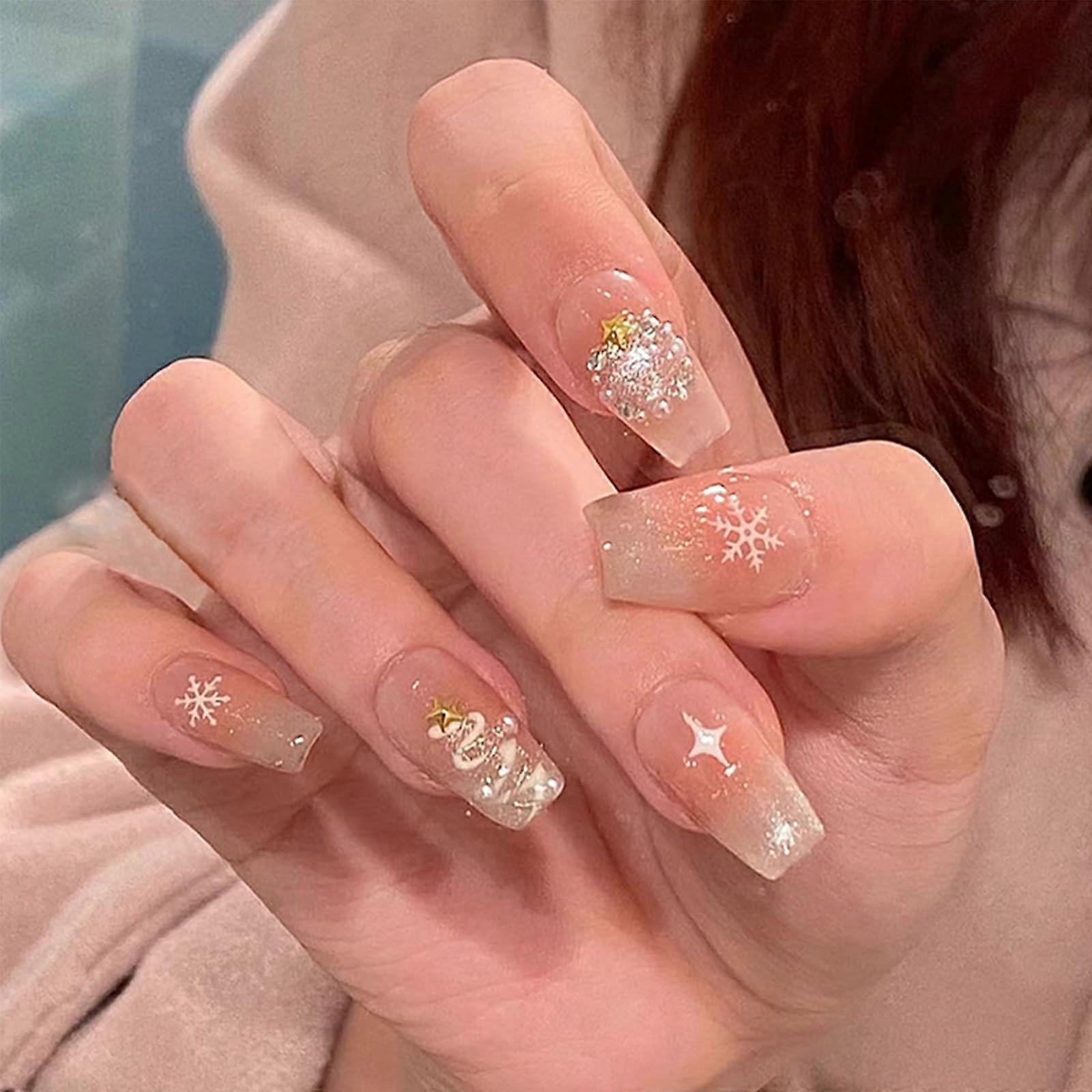 Christmas Coffin Press On Nails with Rhinestones White Glitter Festive Design 24pcs Reusable Set