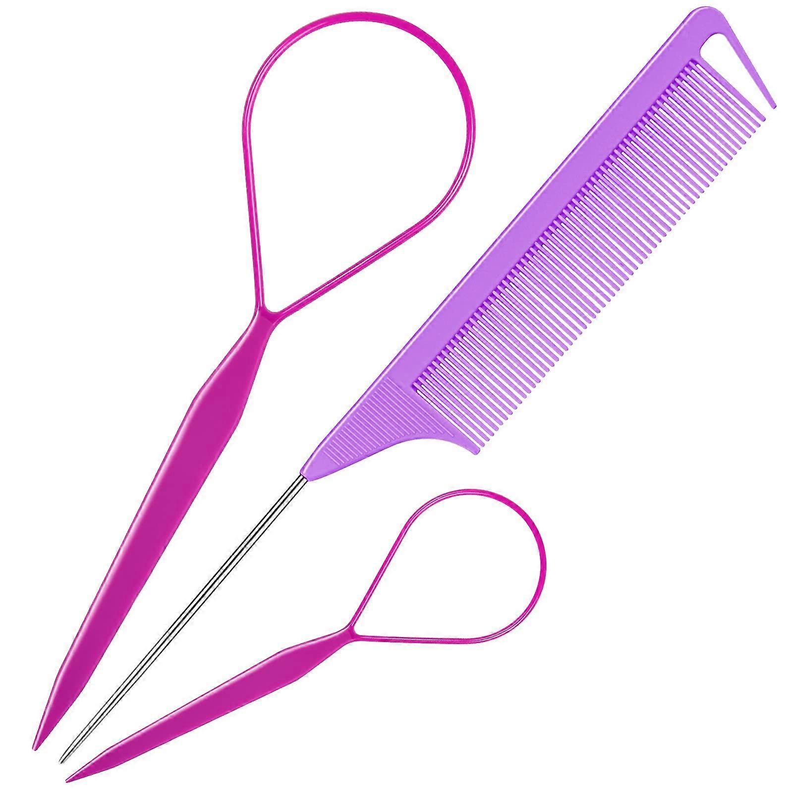 Hair Styling Tool Set 3 Pack with French Braid Loop Tools and Rat Tail Comb for Quick Hairstyles Purple