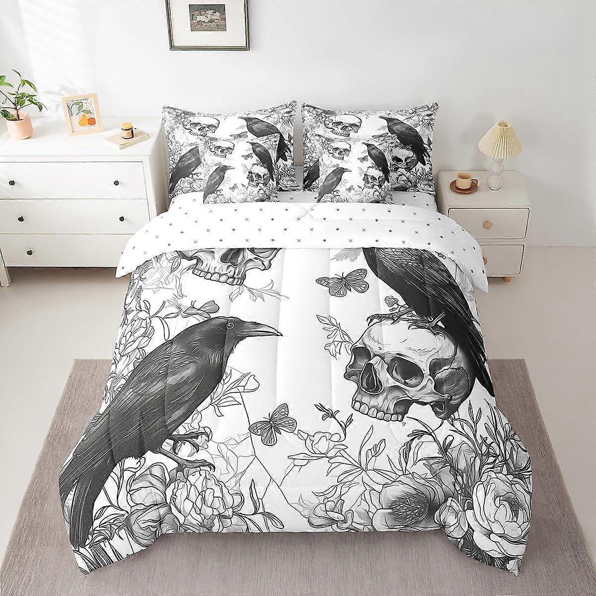 Queen Comforter Set 7Piece with Sheets Halloween Sugar Skull Bedding Raven Print Horror Theme