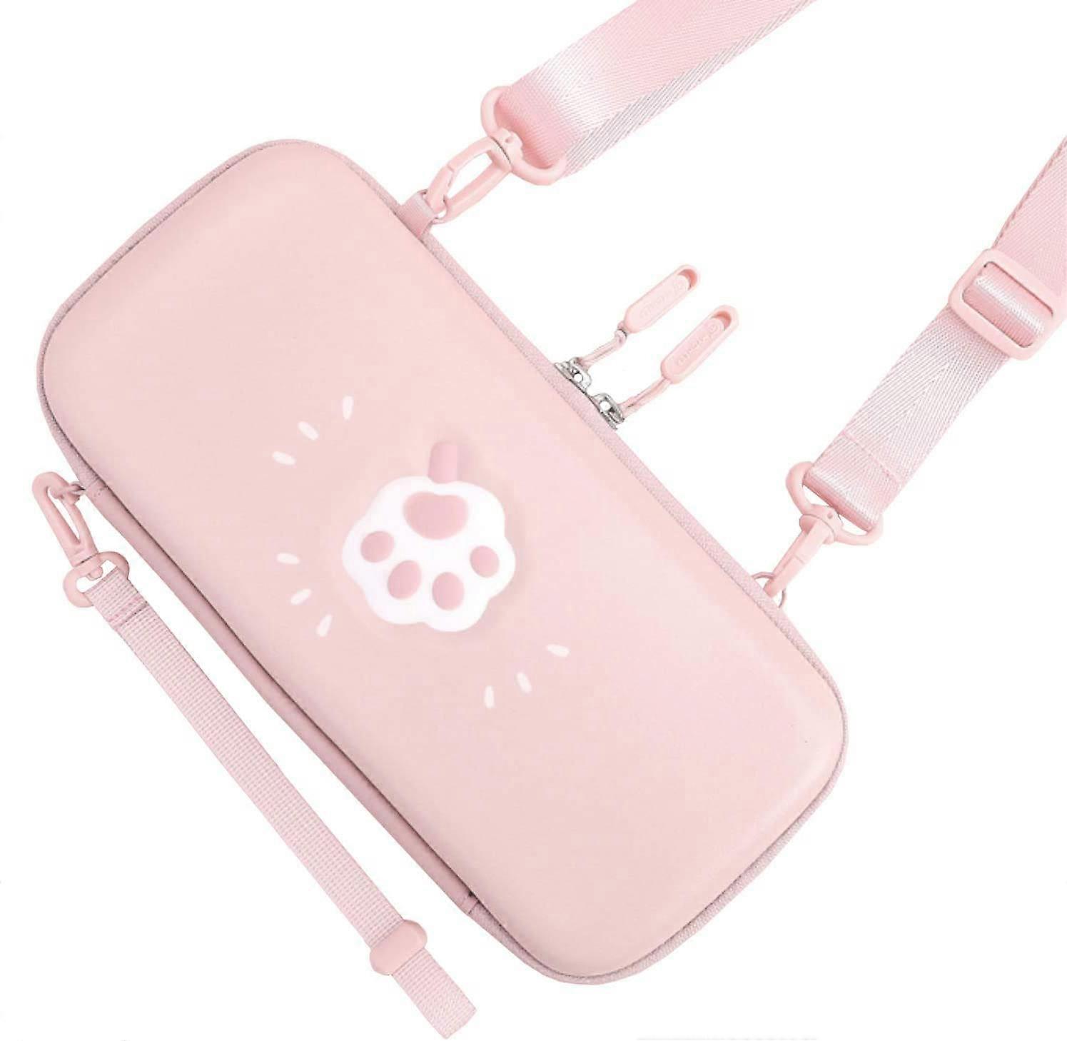 Carry Case Pink Cat Paw PU Leather Shockproof Bag with Game Card Slots and Strap for Nintendo Switch