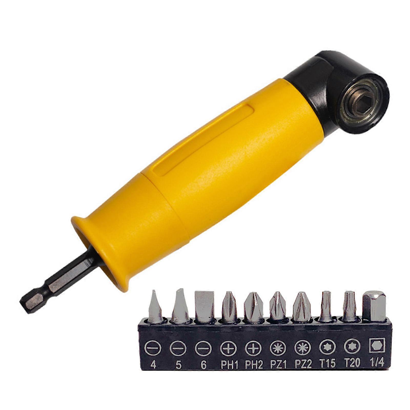 Right Angles Drill Attachment Adapter with 10slot Base 10pcs Drill Bit for Tight Space in Automotive Repair DIY Projects  Yellow