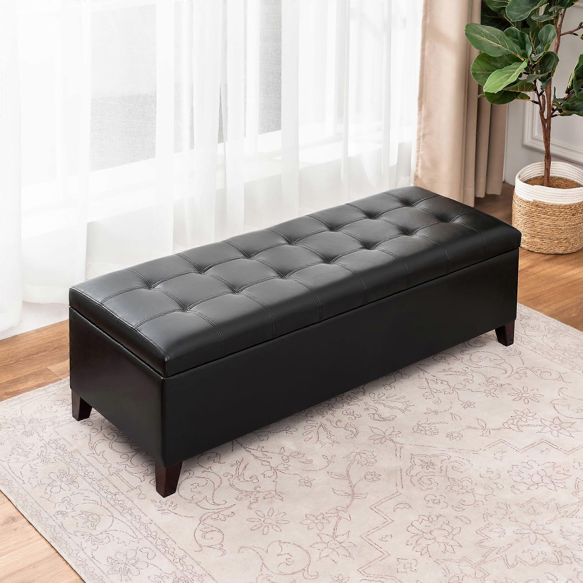 51 Inch Leather Storage Ottoman Bench with Hidden Storage and SoftClose Hinges, Black