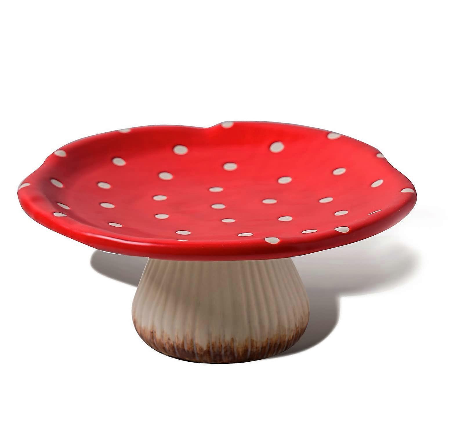 Mushroom Cake Stand 9 Inch Handglazed Ceramic Dessert Display Plate with Charming Red Design