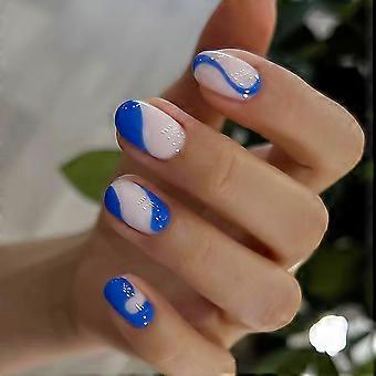 Short Oval Press On Nails 24pc Set Blue Swirl Design Instant Manicure Multiple Size Options