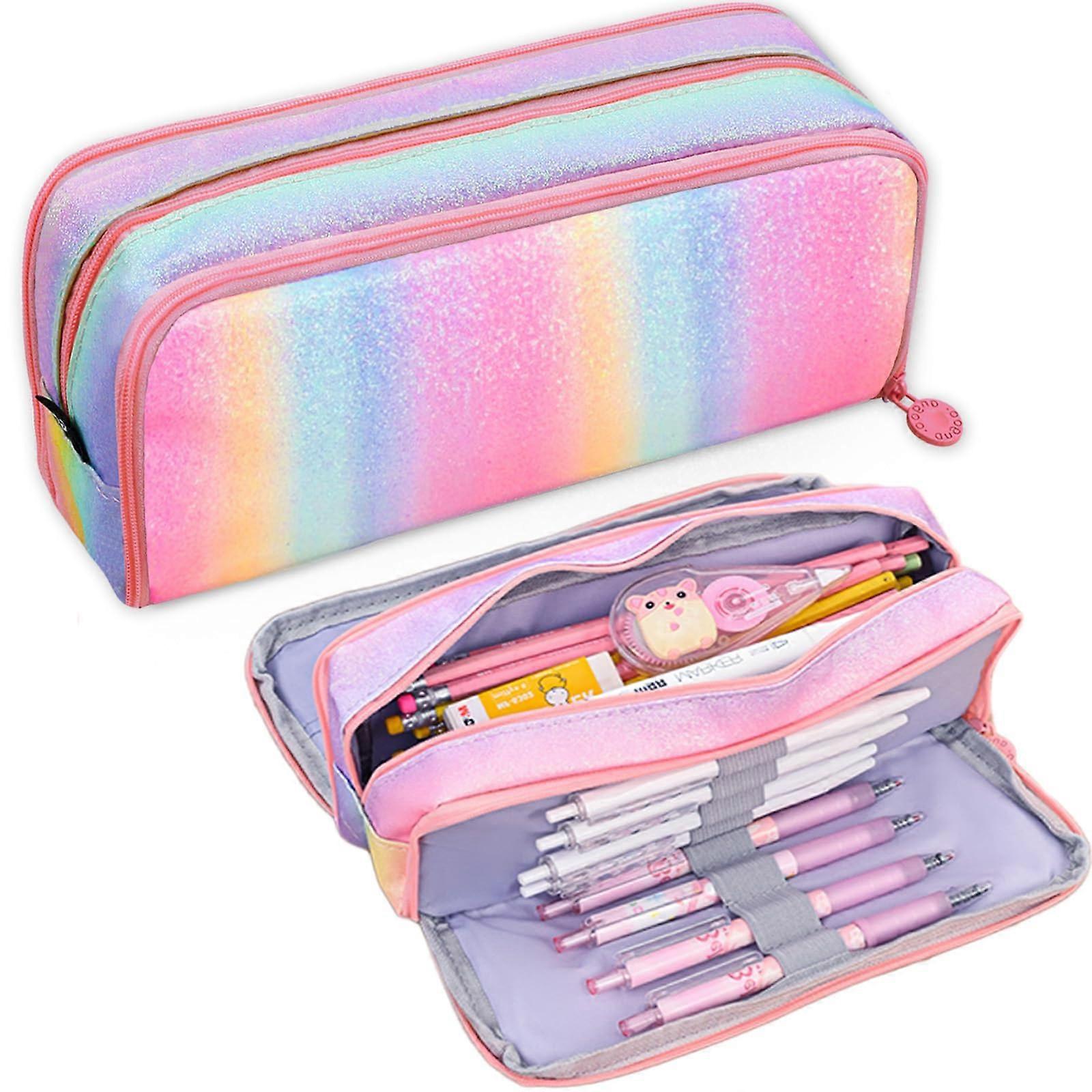 Large Pencil Case Organizer with Rainbow Design, MultiCompartment Storage for School and Office