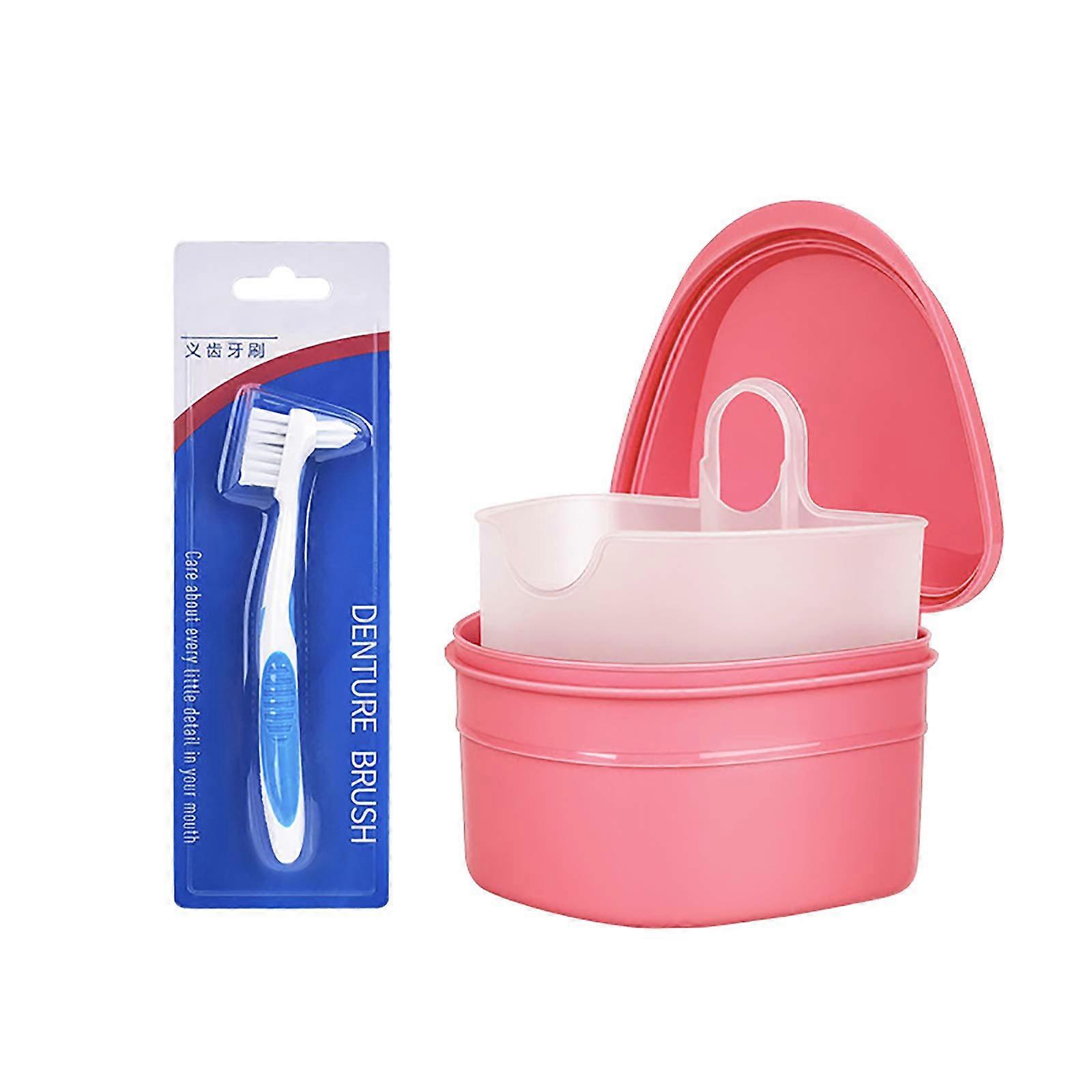Pink Denture Cleaning Box with Removable Strainer Basket for Retainer and False Teeth Storage