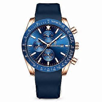 BINBOND Men's Business Quartz Watch Blue Silicone Strap Rose Gold Case Blue 3D Dial Waterproof Multifunction Fashion Student Wristwatch JY